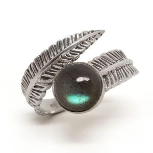 Labradorite Round Sterling Silver Feather Ring; size 8
