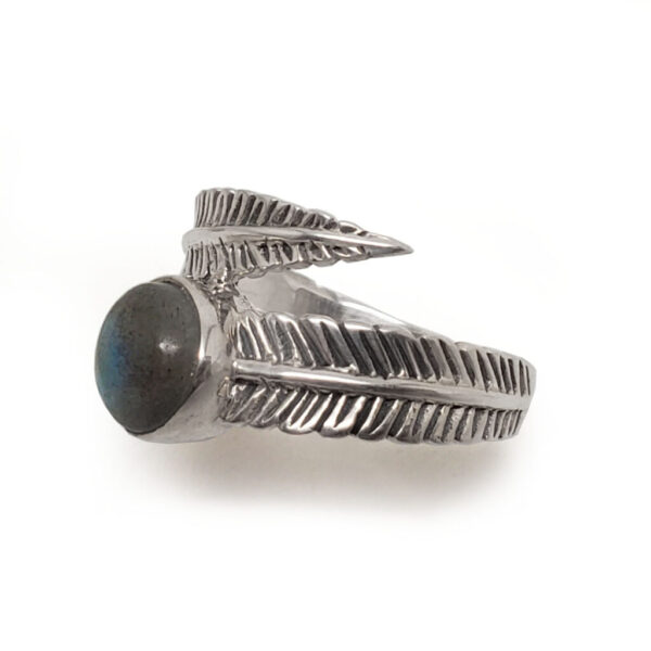 Labradorite Round Sterling Silver Feather Ring; size 8