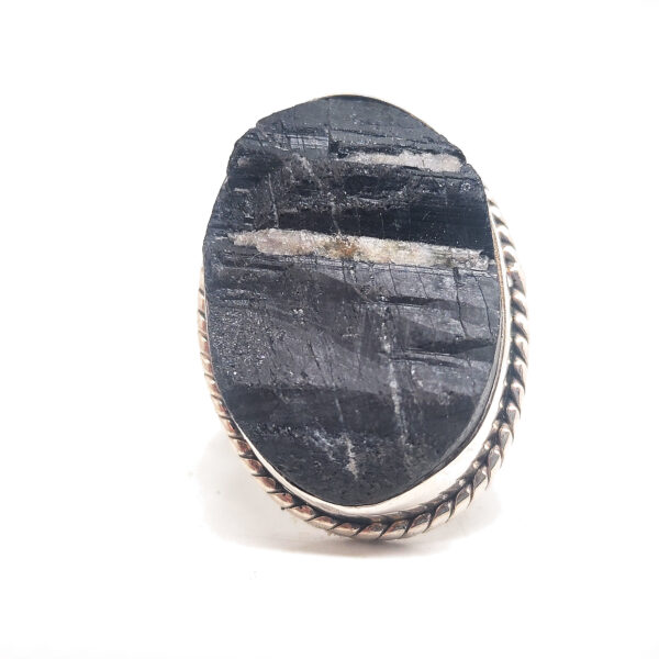 Black Tourmaline Crystal Sterling Silver Ring; size 10