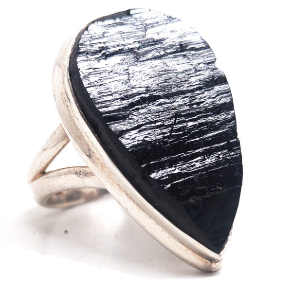 Black Tourmaline Crystal Sterling Silver Ring; size 9