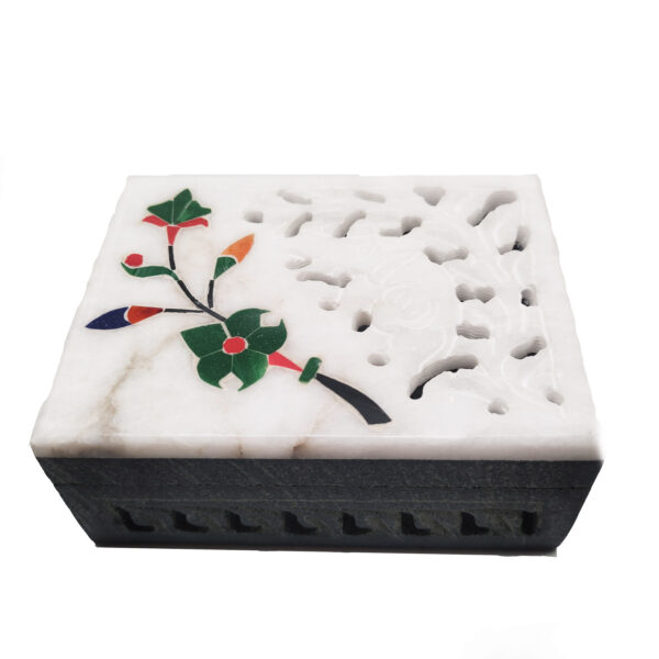 Soapstone Box with Gemstone Floral Inlay