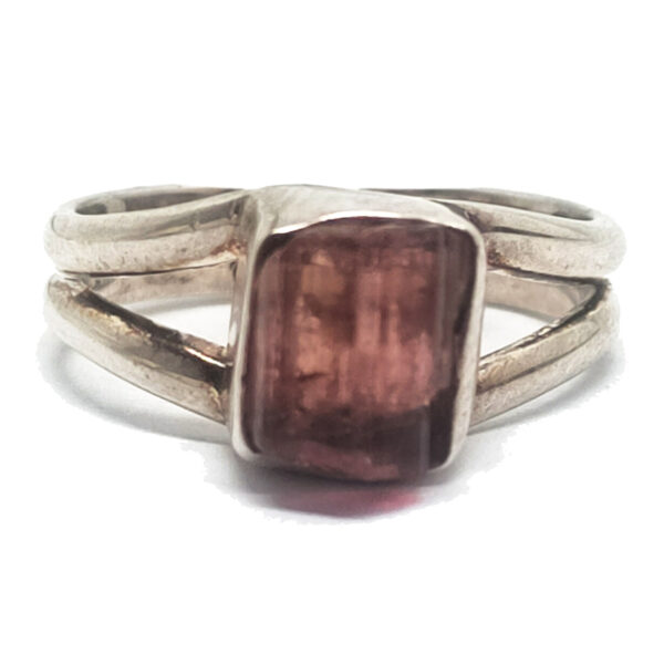 Pink Tourmaline Crystal Sterling Silver Ring; size 7