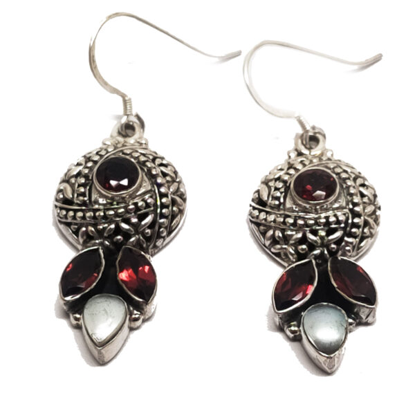 Garnet and Pearl Ornate Sterling Silver Earrings