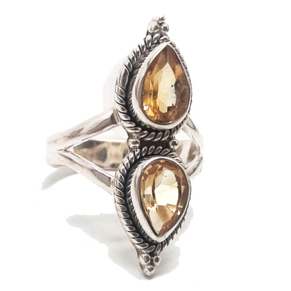 Citrine Double Teardrop Faceted Sterling Silver Ring; size 6 1/2