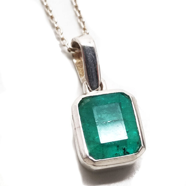 Emerald Rectangle Faceted Sterling Silver Pendant with Chain
