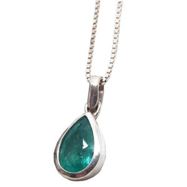 Emerald Teardrop Faceted Sterling Silver Pendant w/chain