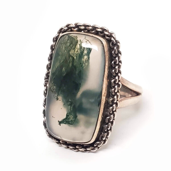 Moss Agate Rectangular Sterling Silver Ring; size 7 1/4