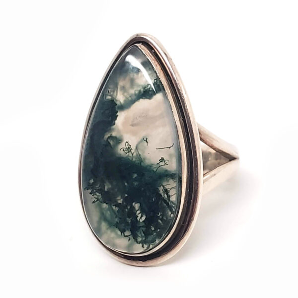 Moss Agate Teardrop Sterling Silver Ring; size 7 3/4