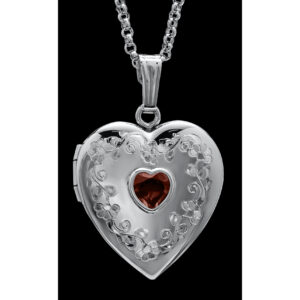 Garnet Heart Sterling Silver Locket with Chain