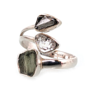 Moldavite, Meteorite & Herkimer Diamond Sterling Silver Ring; size 8