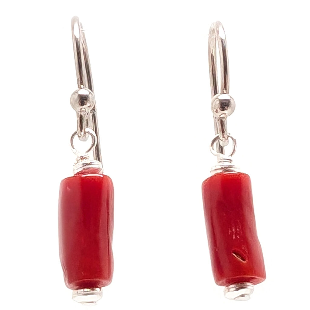 thumbnail image 2 of Natural Red Coral Dangle Earrings – 10x25mm, Sterling Silver Hooks, Handmade 2 of 5