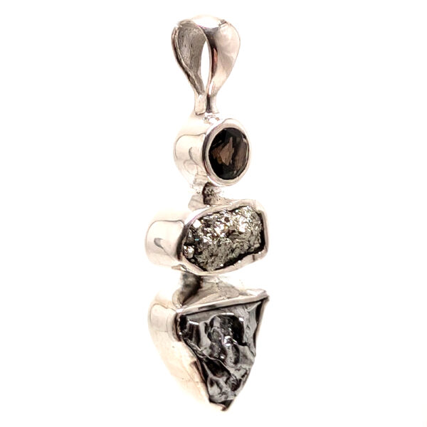 Meteorite, Pyrite & Smoky Quartz Sterling Silver Pendant - Image 2