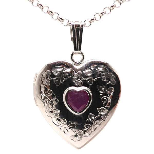 Ruby Sterling Silver Heart Locket with Chain