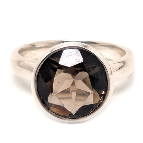 Smoky Quartz Round Faceted Sterling Silver Ring; size 7