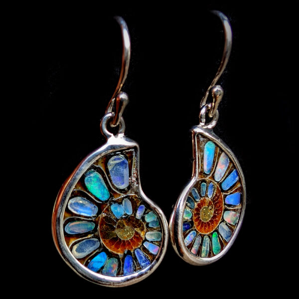 Ammonite Fossil Sterling Silver Earrings with Opal Inlay - Image 2