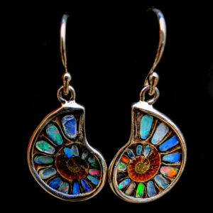 Ammonite Fossil Sterling Silver Earrings with Opal Inlay
