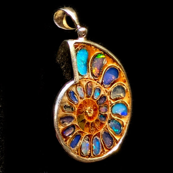 Ammonite Fossil Sterling Silver Pendant with Opal Inlay - Image 2