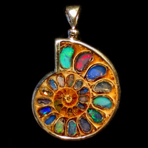 Ammonite Fossil Sterling Silver Pendant with Opal Inlay
