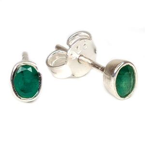 Emerald Oval Faceted Sterling Silver Stud Earrings