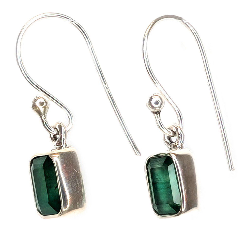 Emerald Rectangular Faceted Sterling Silver Earrings Emerald Rectangular Faceted Sterling Silver Earrings - Image 2