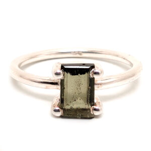 Moldavite Emerald-Faceted Sterling Silver Ring; size 5 Moldavite Emerald-Faceted Sterling Silver Ring; size 5