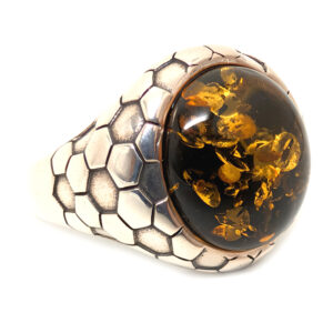 Amber Round Sterling Silver Ring; size 12