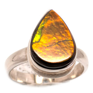 Ammolite Fossil Teardrop Sterling Silver Ring; size 6