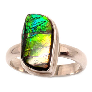 Ammolite Fossil Teardrop Sterling Silver Ring; size 8