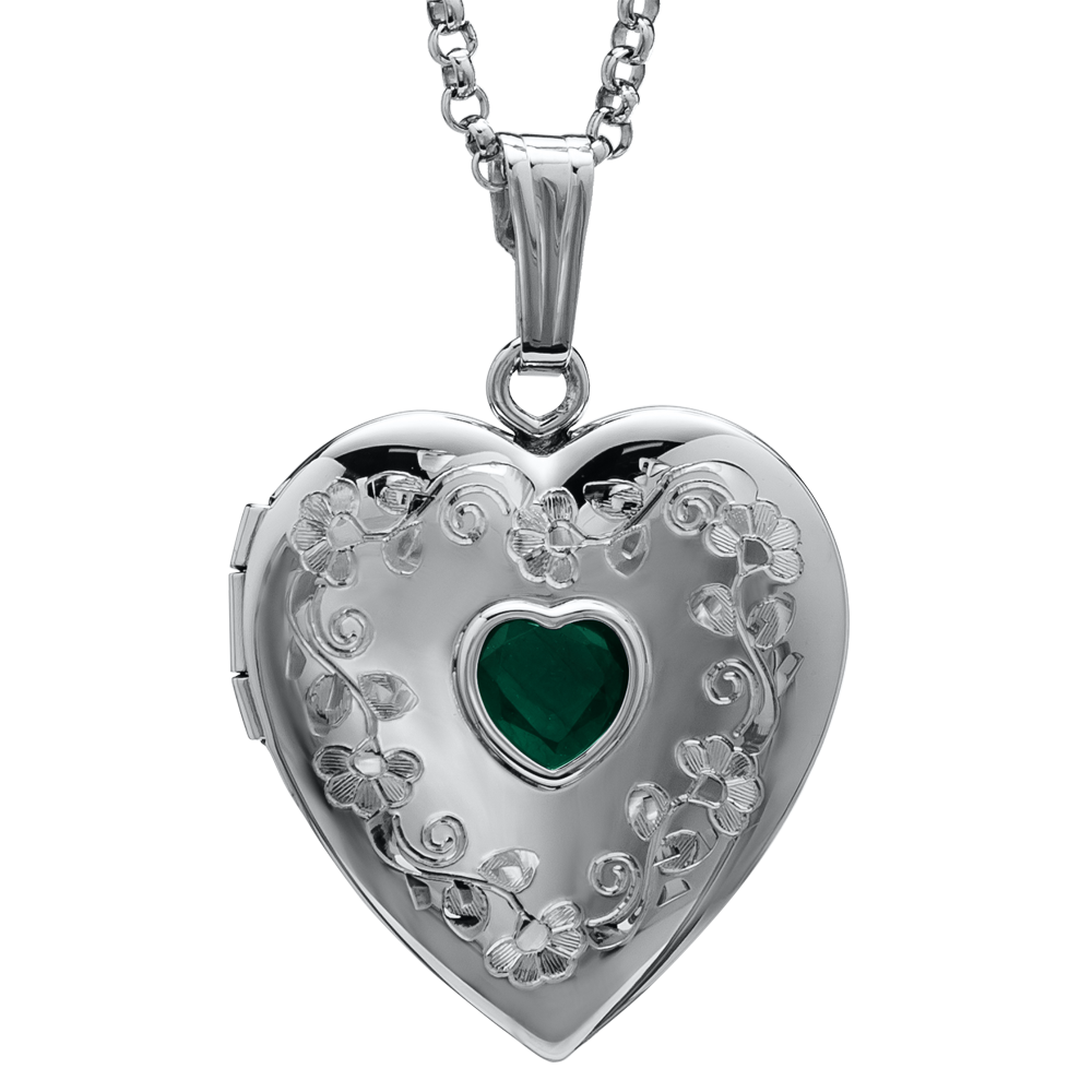 Emerald Heart Sterling Silver Locket with Chain Emerald Heart Sterling Silver Locket with Chain