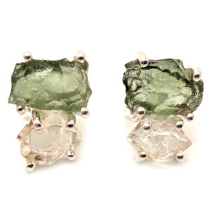 Moldavite & Pakimer Diamond Sterling Silver Stud Earrings