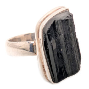 Black Tourmaline Crystal Sterling Silver Ring; size 6