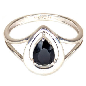 Black Tourmaline Faceted Teardrop Sterling Silver Ring; size 8