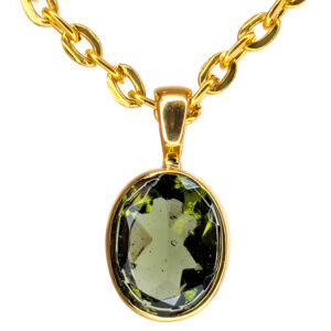 Moldavite Faceted Oval Gold Vermeil Pendant with Chain